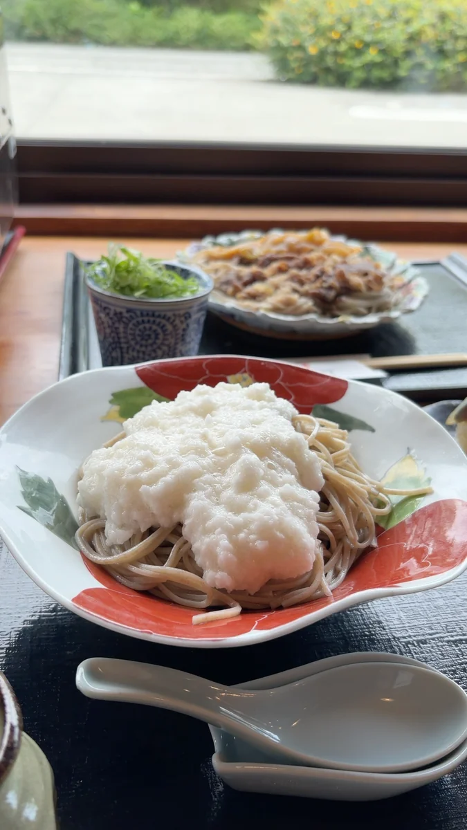 （左）たっぷり長いもそば（冷）／（右）すき風近江牛載せざるそば（冷）